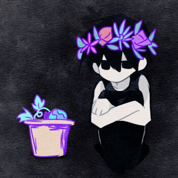 1boy bare_arms bare_shoulders black_background black_eyes black_hair black_pants black_tank_top blue_flower chinese_commentary commentary_request crossed_arms double-parted_bangs empty_eyes fewer_digits flower flower_pot flower_wreath food fruit full_body hair_behind_ear hair_between_eyes head_wreath highres hugging_own_legs knees_up lanxingzhiyu leaf looking_at_object looking_to_the_side male_focus no_mouth no_nose no_pupils omori omori_(omori) pants paper_texture pink_flower plant potted_plant purple_flower purple_rose red_flower red_rose rose short_hair simple_background sitting solo tank_top watermelon