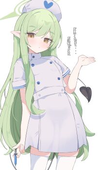 1girl :o absurdres black_tail blue_archive brown_eyes cowboy_shot demon_girl demon_tail dress green_hair green_halo halo hat highres hikari_(blue_archive) holding holding_syringe long_hair looking_at_viewer nui_(nuinui0300) nurse nurse_cap open_mouth pointy_ears short_sleeves simple_background solo syringe tail thighhighs translation_request very_long_hair white_background white_dress white_thighhighs