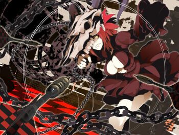 breasts chain cleavage dart hardship highres huge_breasts kama_(weapon) kusarigama open_clothes red_hair sickle skirt solo uki_(room_405) weapon yellow_eyes