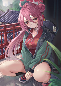 1girl antenna_hair architecture balcony black_choker black_socks blue_archive blush breasts china_dress chinese_clothes choker closed_mouth collarbone commentary cross-laced_shoes day dress east_asian_architecture floating_hair floral_print floral_print_dress full_body green_jacket hair_between_eyes hair_bun hair_intakes halo highres id_card jacket kneehighs large_breasts leaf long_hair long_hair_between_eyes looking_at_viewer mole mole_on_collarbone mole_under_eye open_clothes open_jacket outdoors partially_unzipped print_dress red_dress red_eyes red_hair red_halo red_shoes reijo_(blue_archive) shoes sidelocks single_side_bun sleeves_past_wrists smile sneakers socks solo split_mouth squatting suidou_chaahan thighs tsurime v_arms very_long_hair