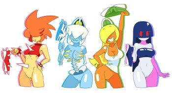 black_hair blonde_hair bone bottomless bracelet breasts buzzy_beetle cleavage unworn_clothes dry_bones genderswap genderswap_(mtf) green_eyes highres jewelry koopa_troopa large_breasts long_hair mario_(series) minuspal multiple_girls navel new_super_mario_bros._u_deluxe nintendo red_eyes red_hair short_hair simple_background smile spikes spiny super_mario_bros._1 tank_top white_hair yellow_eyes