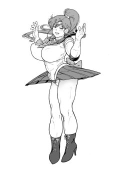 1girl bishoujo_senshi_sailor_moon breasts covered_navel fukudahda high_ponytail huge_breasts inner_senshi kino_makoto monochrome panties ponytail sailor_jupiter solo tiara underwear upskirt