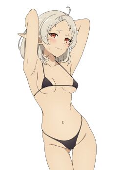 Rule 34 | 1girl, absurdres, ahoge, armpits, arms behind head, bikini, black bikini, blush, breasts, closed mouth, commentary, coro fae, cowboy shot, elf, embarrassed, english commentary, gluteal fold, grey hair, groin, highleg, highleg bikini, highres, long pointy ears, looking at viewer, medium breasts, medium hair, micro bikini, mushoku tensei, navel, paid reward available, parted hair, pointy ears, red eyes, simple background, skindentation, solo, standing, stomach, string bikini, swimsuit, sylphiette (mushoku tensei), white background