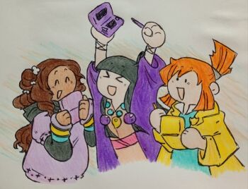 3girls ^_^ arms_up bead_necklace beads black_hair black_scarf blunt_bangs blush brown_hair closed_eyes commentary crossover english_commentary ghost_trick hair_bun handheld_game_console highres holding holding_handheld_game_console holding_stylus jacket jewelry kurashiki_akane kyokugen_dasshutsu kyokugen_dasshutsu:_9_jikan_9_nin_9_no_tobira long_hair long_sleeves lynne_(ghost_trick) maya_fey medium_hair multiple_girls necklace nintendo_ds no_nose open_clothes open_jacket open_mouth orange_hair police_badge prayer_beads purple_jacket scarf simple_background single_side_bun smile stylus traditional_media wander-bunnies white_background yellow_jacket