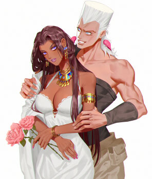 1boy 1girl absurdres armlet bare_shoulders behind_another blue_eyes bracelet breasts brown_hair cleavage collarbone dark-skinned_female dark_skin dress earrings eyeshadow flower grey_pants grin halter_dress halterneck highres holding holding_flower jean_pierre_polnareff jewelry jojo_no_kimyou_na_bouken large_breasts long_hair makeup malena_(jojo) muscular muscular_male nail_polish pants pink_flower pink_nails pink_rose purple_eyes purple_lips rose silver_hair simple_background single_strap sleeveless smile spaghetti_strap stardust_crusaders teeth usekh_collar veela white_background white_dress