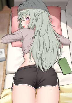 Rule 34 | 1girl, ass, black shorts, blurry, blurry background, blush, brown shirt, cellphone, charl2837, clothes lift, commentary request, couch, cowboy shot, dolphin shorts, from behind, green hair, hair flaps, highres, indoors, kusanagi nene, long hair, long sleeves, looking at viewer, looking back, lying, on couch, on stomach, open mouth, paid reward available, phone, project sekai, purple eyes, ribbed sleeves, shirt, shirt lift, short shorts, shorts, sidelocks, smartphone, solo, sweat, thigh gap, turning head, wooden floor