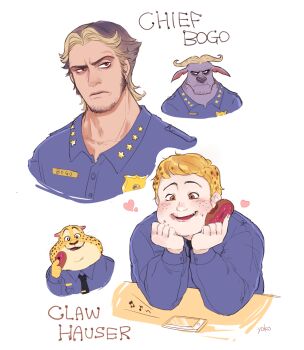 2boys animal benjamin_clawhauser blonde_hair brown_hair character_name chief_bogo disney donut facial_hair food highres multiple_boys personification short_hair smile yokotn zootopia