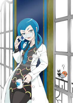 1girl ? absurdres black_dress blue-tinted_eyewear blue_eyes blue_hair blue_nails blue_necktie coat commentary cup dress fletchling gen_6_pokemon highres holding holding_cup lab_coat mable_(pokemon) necktie nintendo pantyhose pokemon pokemon_legends:_z-a removing_eyewear safety_glasses solo tinted_eyewear upper_body user_macu7727 white_coat window