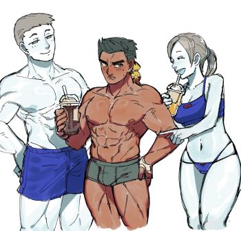 1girl 2boys abs annoyed bandages bikini black_hair blonde_hair blue_bikini blue_male_underwear blue_skin blue_swim_trunks blush boxer_briefs breasts brown_hair bulge casual closed_eyes colored_skin cropped_legs cup dancho_no_mori dark-skinned_male dark_skin disposable_cup drink drinking_straw fingerless_gloves food gen_2_pokemon gloves grey_eyes grey_hair grey_skin hand_on_own_hip happy highres holding holding_cup holding_drink holding_food large_pectorals laughing legs little_mac long_hair male_focus male_swimwear male_underwear multiple_boys muscular muscular_male navel nintendo nipples open_mouth pale_skin pants pectorals pichu pointing pointing_at_another pokemon pokemon_(creature) ponytail punch-out!! shiny_skin short_hair shorts simple_background smile super_smash_bros. sweatdrop sweatpants swim_trunks swimsuit thick_eyebrows topless_male underwear underwear_only white_background white_skin wii_fit wii_fit_trainer wii_fit_trainer_(female) wii_fit_trainer_(male)