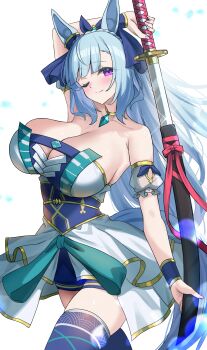 1girl absurdres alternate_costume animal_ears arm_behind_head arm_up armpit_crease bare_shoulders blue_corset blue_hair blue_thighhighs blush braid breasts cleavage closed_mouth corset cowboy_shot crown_braid detached_sleeves diamond_choker dress ear_covers ear_ornament fingernails gold_choker gold_trim highres holding holding_sheath holding_sword holding_weapon horse_ears horse_girl horse_tail kibihimi large_breasts long_hair looking_at_viewer mejiro_ardan_(umamusume) multicolored_dress one_eye_closed pink_nails puffy_detached_sleeves puffy_sleeves purple_eyes scabbard sheath showgirl_skirt simple_background skindentation smile solo sparkle strapless strapless_dress sword tail thighhighs thighs umamusume unsheathing weapon white_background