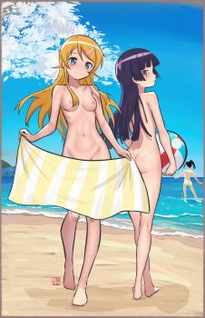 Rule 34 | 3girls, absurdres, ass, ball, beach, beachball, black hair, breasts, butt crack, commentary, completely nude, day, elementary (lolipope), gokou ruri, hair ornament, hairclip, highres, kousaka kirino, long hair, multiple girls, nipples, nude, ore no imouto ga konna ni kawaii wake ga nai, outdoors, small breasts, smile, towel