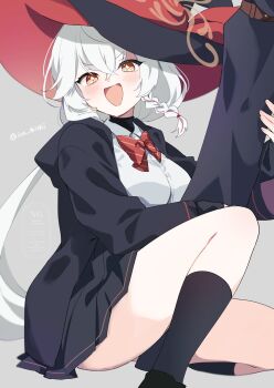 1girl artist_name black_shoes black_skirt black_socks blue_archive blush bow bowtie braid breasts commentary_request eri_(blue_archive) grey_background hair_between_eyes halo hat highres holding ica jacket large_breasts long_hair long_sleeves looking_at_viewer open_mouth red_bow red_bowtie shirt shoes simple_background sitting skirt smile socks solo white_hair white_shirt witch_hat