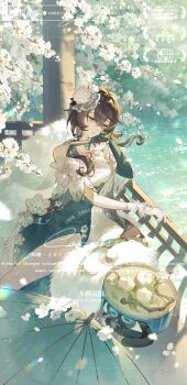 1girl absurdres aqua_eyes asymmetrical_gloves bare_shoulders black_hair branch breasts cake_cat_(honkai:_star_rail) cape china_dress chinese_clothes crossed_bangs dessert detached_collar dress dress_flower elbow_gloves fence flower flower_sleeves folded_fan folding_fan food fur_cape gloves green_dress green_eyes green_gloves green_hair green_umbrella green_water hair_between_eyes hair_flower hair_ornament hand_fan hand_on_own_cheek hand_on_own_face highres holding holding_fan honkai:_star_rail honkai_(series) long_hair mismatched_gloves multicolored_hair mumian_doufu official_alternate_costume ruan_mei_(honkai:_star_rail) ruan_mei_(lambda's_friend)_(honkai:_star_rail) ruan_mei_(plumblossom_letter)_(honkai:_star_rail) single_elbow_glove sitting solo streaked_hair tree two-tone_dress two-tone_hair umbrella uneven_gloves white_flower white_gloves wooden_fence