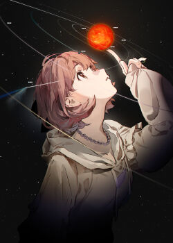 1girl :o arm_at_side brown_eyes brown_hair brown_jacket chain chain_necklace comet commentary frilled_hoodie from_side giant giantess hand_up highres hood hood_down hooded_jacket hoodie idolmaster idolmaster_shiny_colors ikuta_haruki index_finger_raised jacket jewelry long_sleeves looking_at_object looking_up necklace open_mouth orbital_path pinching_sleeves poking short_hair sleeves_past_wrists solar_system solo space star_(sky) star_(symbol) straight_hair sun untranslatable_commentary upper_body zhili_xingzou