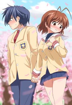 Rule 34 | 1girl, arm at side, blazer, blue eyes, blue hair, blue pants, blue skirt, blue sky, blurry, blush, brown eyes, brown hair, cherry blossoms, clannad, clenched hand, closed mouth, commentary, couple, cowboy shot, day, depth of field, embarrassed, falling petals, furrowed brow, furukawa nagisa, hair between eyes, hand up, hetero, highres, hikarizaka private high school uniform, holding hands, interlocked fingers, jacket, long sleeves, looking to the side, medium hair, miniskirt, necktie, nose blush, okazaki tomoya, outdoors, pants, petals, pleated skirt, profile, red necktie, school uniform, serafuku, short hair, silky (silky illust), skirt, sky, spiked hair, spring (season), sweatdrop, tareme, tree, tsurime, turtleneck, v-shaped eyebrows, wavy mouth, yellow jacket