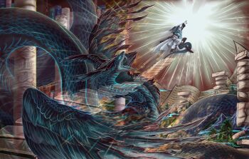 1girl alternate_form animal animalization apoctianzhao aqua_eyes aqua_feathers aqua_scales aqua_sclera aqua_snake aqua_tongue aqua_wings arknights arm_up asymmetrical_sleeves belt belt_around_waist black_belt black_feathers black_hood black_pantyhose black_scales black_sleeves black_snake black_tail black_wings book chinese_commentary coat colored_sclera dress fangs fangs_out feathered_wings feathers fingerless_gloves fingernails floating forked_tongue full_body giant_snake gloves gradient_feathers gradient_scales gradient_snake gradient_wings grey_hair hand_up head_wings high_heels highres ho'olheyak_(arknights) hood hooded_coat knee_up light light_rays long_coat long_sleeves long_tail long_tongue looking_afar mature_female medium_hair mismatched_sleeves multicolored_coat multicolored_wings no_ears open_book open_clothes open_coat open_dress open_hand open_mouth oversized_animal pale_skin pantyhose path pencil_dress person_and_animalization pillar quetzalcoatl_(mythology) reaching road scales shelf short_dress sidelocks slit_pupils snake snake_girl snake_tail spread_wings tail teeth tongue tree two-tone_coat two-tone_feathers two-tone_scales two-tone_sleeves two-tone_snake two-tone_wings upper_teeth_only very_long_tail very_long_tongue wavy_hair white_coat white_dress white_gloves white_nails white_sleeves wings