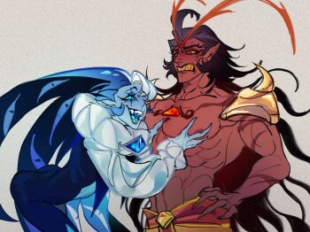 Rule 34 | 2boys, bare pectorals, blue eyes, blue skin, burning spice cookie, colored skin, cookie run, cookie run: kingdom, extra eyes, hand on own hip, harlequin, highres, jugenxiannu196, long hair, multiple boys, muscular, muscular male, pectorals, pointy ears, red eyes, red skin, shadow milk cookie, sharp teeth, teeth, toned, toned male, very long hair