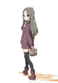 Rule 34 | 1girl, ankle boots, back, bag, black thighhighs, boots, breasts, brown boots, brown eyes, brown sweater, glasses, grey hair, highres, holding, holding bag, kasumi (yama no susume), light frown, long hair, round eyewear, rytoua318, sweater, thighhighs, turning head, walking, yama no susume