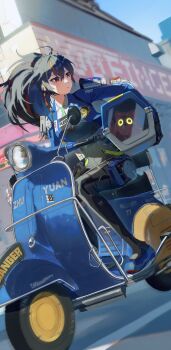 1girl absurdres belt black_belt blue_jacket blue_sky breasts carrying carrying_under_arm checkered_necktie city closed_mouth day devilboo_(zenless_zone_zero) earpiece emo_qianzi hairband high-waist_pants highres holster jacket large_breasts looking_to_the_side metal_hairband motor_vehicle motorcycle multicolored_hair necktie pants pet_carrier police police_badge police_uniform policewoman red_eyes red_hair riding scooter shoulder_holster sky solo streaked_hair tight_clothes tight_pants vespa zenless_zone_zero zhu_yuan