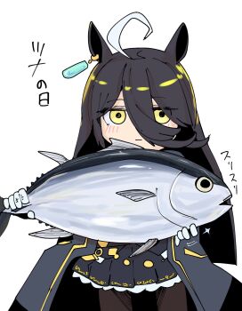1girl abeyakinn ahoge animal animal_ears black_coat black_pantyhose black_skirt blush chibi chibi_only closed_mouth coat commentary_request cowboy_shot ear_tag expressionless fish gloves hair_between_eyes highres holding holding_animal holding_fish horse_ears horse_girl manhattan_cafe_(creeping_shadow)_(umamusume) manhattan_cafe_(umamusume) manhattan_cafe_holding_a_fish_(meme) meme pantyhose simple_background skirt translation_request tuna umamusume white_background yellow_eyes