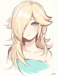 Rule 34 | 1girl, absurdres, artist name, bare shoulders, blonde hair, blue dress, blue eyes, collarbone, cropped torso, dress, earrings, eyelashes, hair over one eye, highres, jewelry, long bangs, long hair, looking at viewer, mario (series), nintendo, parted lips, rosalina, ryu160303, sleeveless, sleeveless dress, solo, star (symbol), star earrings, strapless, strapless dress, white background