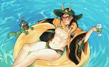 Rule 34 | 1boy, abs, agntofasgrd, alligator, alligator loki, black hair, black nails, commentary, crocodilian, cup, earrings, english commentary, fake horns, green hat, green male swimwear, green robe, hat, highres, holding, holding cup, horned hat, horns, innertube, jewelry, loki (marvel), loki (robe of relaxation) (marvel), long hair, looking to the side, male focus, male swimwear, marvel, marvel rivals, muscular, muscular male, navel, nipples, official alternate costume, one eye covered, open mouth, pink-tinted eyewear, ring, robe, sharp teeth, solo focus, sparkle, stud earrings, sunglasses, swim ring, teeth, thor (marvel) (series), tinted eyewear, water