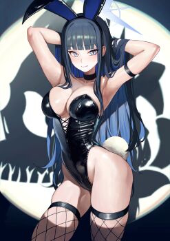 1girl absurdres alternate_costume animal_ears armpits arms_behind_head arms_up black_choker black_hair black_leotard blue_archive blue_eyes blue_hair blue_halo blunt_bangs blush breasts choker cleavage closed_mouth collarbone colored_inner_hair commentary contrapposto fake_animal_ears fake_tail fishnet_thighhighs fishnets hallo_(rltkdydrltk) halo highres large_breasts leotard long_hair looking_at_viewer multicolored_hair playboy_bunny rabbit_tail saori_(blue_archive) skindentation solo spotlight strapless strapless_leotard tail thick_thighs thighhighs thighs