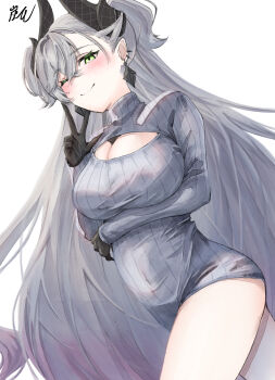 absurdres breasts cleavage cleavage_cutout clothing_cutout demon_horns dress earrings fate/grand_order fate_(series) gradient_hair green_eyes highres horns jewelry large_breasts lilith_(fate) looking_at_viewer multicolored_hair one_eye_closed pink_hair pon-de-c2 signature smile sweater sweater_dress twintails white_hair