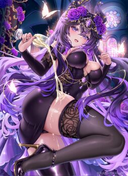 1girl artist_name black_dress black_hair black_nails black_shoes breasts bug butterfly commission corrupted_twitter_file cup dress drinking_glass eyelashes flower gradient_hair hair_flower hair_ornament high_heels highres holding holding_cup horns indie_virtual_youtuber insect krashena long_hair multicolored_hair open_mouth pouring pouring_onto_self purple_eyes purple_flower purple_hair purple_rose rose shoes solo stained_glass teeth thighhighs unjaded_(vtuber) upper_teeth_only virtual_youtuber