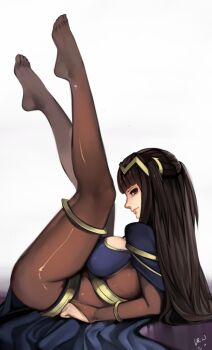 1girl black_hair bodystocking breasts bridal_gauntlets dr.wolf feet female_focus fire_emblem fire_emblem_awakening from_side jewelry large_breasts legs legs_together legs_up long_hair long_legs looking_at_viewer lots_of_jewelry lying nintendo no_shoes on_back simple_background solo tharja_(fire_emblem) thighs toes white_background