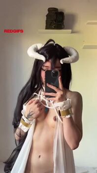 Rule 34 | 1girl, albedo (overlord), albedo (overlord) (cosplay), animated, breasts, cosplay, demon girl, horns, nipples, overlord, real life, small breasts, starsthormy, tagme, video