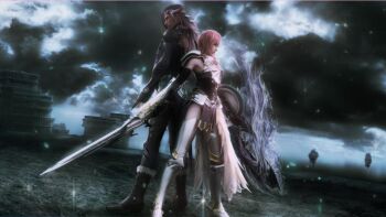 10s 1boy 1girl 3d anime_screenshot armor back-to-back boots breastplate caius_ballad final_fantasy final_fantasy_xiii final_fantasy_xiii-2 greaves height_difference kaias legs lightning_farron long_hair official_art pink_hair pteruges purple_hair shield size_difference sword thighs weapon