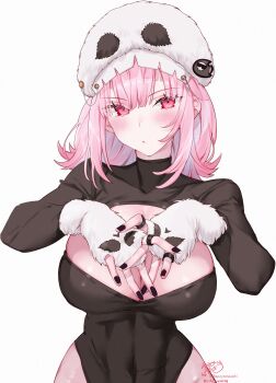 1girl absurdres alternate_costume black_leotard black_nails blonde_hair breasts cleavage covered_navel covering_breasts covering_privates fur_gloves fur_hat gloves hat highres hololive hololive_english kamiya_maneki large_breasts leotard long_sleeves looking_at_viewer mori_calliope navel pink_hair red_eyes simple_background solo ushanka virtual_youtuber white_background