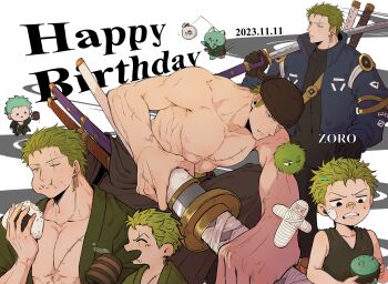 1boy abs aged_down alcohol bandana beer black_bandana chibi chibi_inset chimaaa333 collage food foreshortening green_hair happy_birthday highres large_pectorals leaning_forward male_focus marimo marimo_zoro muscular muscular_male nipples official_alternate_costume one_piece onigiri over_shoulder pectoral_cleavage pectorals roronoa_zoro scar scar_across_eye scar_on_face sheath short_hair sword sword_over_shoulder topless_male unsheathing weapon weapon_over_shoulder