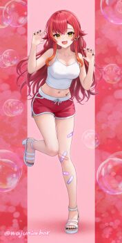 1girl absurdres asymmetrical_bangs bandaid bandaid_on_leg bare_shoulders black_nails blush breasts camisole claw_pose cleavage commentary_request crop_top crossed_legs dolphin_shorts drawstring ear_piercing earrings fang fingernails fish_skeleton full_body gradient_hair hair_flaps hand_up highres jewelry large_breasts long_hair looking_at_viewer midriff multicolored_hair nail_polish navel nekota_tsuna open_mouth orange_eyes orange_hair piercing red_background red_hair red_shorts revision sandals short_shorts shorts sidelocks smile solo standing standing_on_one_leg stomach_tattoo strappy_heels streaked_hair stud_earrings tattoo toenail_polish toenails toes twitter_username two-tone_hair virtual_youtuber vspo! wajuniorbox white_camisole white_sandals
