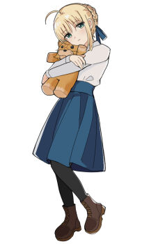 Rule 34 | 1girl, ahoge, artoria pendragon (fate), black pantyhose, blonde hair, blue ribbon, blue skirt, blush, boots, braid, braided bun, brown boots, closed mouth, commentary request, crossed arms, fate/stay night, fate (series), full body, green eyes, hair between eyes, hair bun, hair ribbon, highres, holding, holding stuffed toy, long sleeves, looking at viewer, pantyhose, pleated skirt, ribbon, saber (fate), shirt, short hair, sidelocks, simple background, skirt, smile, solo, standing, stuffed animal, stuffed lion, stuffed toy, user dwmj3838, white background, white shirt