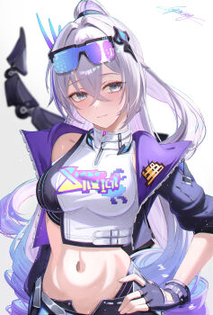 Rule 34 | 1girl, absurdres, alternate breast size (larger), black gloves, blue jacket, breasts, commentary request, crop top, fingerless gloves, gloves, goggles, goggles on head, gradient hair, grey eyes, grey hair, high ponytail, highres, honkai: star rail, honkai (series), jacket, large breasts, long hair, midriff, miya-chan (lightning0730), multicolored hair, navel, ponytail, purple hair, silver wolf (elation) (honkai: star rail), silver wolf (honkai: star rail), simple background, solo, two-tone hair, very long hair, white background