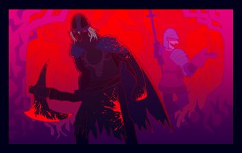 2boys armor black_border black_pants black_tunic blood blood_on_clothes bloody_weapon blue_cape blue_eyes border brown_gloves cape cloud commentary creighton_of_mirrah dark_souls_(series) dark_souls_ii dn0l english_commentary feet_out_of_frame gloves grey_hair helmet male_focus mask masked mild_mannered_pate multiple_boys open_mouth pants pauldrons red_sky short_hair shoulder_armor sky standing tree tunic weapon