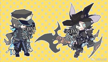 Rule 34 | 2boys, black eyes, black hair, black hat, black wings, blue eyes, chibi, chibi only, chinese commentary, commentary request, hat, multiple boys, original, thurim6, wings, yellow background