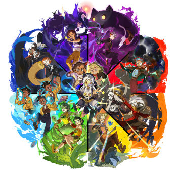 2others 4boys 6+girls amity_blight animal animal_on_head camila_noceda color_wheel color_wheel_challenge dark-skinned_female dark-skinned_male dark_skin demon_girl demon_horns edalyn_clawthorne ghost_(the_owl_house) glowing gus_porter highres hooty_(the_owl_house) horns hunter_(the_owl_house) instrument jacket king_clawthorne kuma20151225 lilith_clawthorne looking_at_viewer luz_noceda magic multiple_boys multiple_drawing_challenge multiple_girls multiple_others on_head owlbert_(the_owl_house) raine_whispers smile spoilers staff stringbean_(the_owl_house) the_collector_(the_owl_house) the_owl_house vee_(the_owl_house) violin willow_park wings
