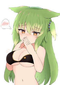 1girl absurdres animal_ears bare_arms bare_shoulders bikini black_bikini blush breasts cleavage commentary_request covered_mouth green_hair highres large_breasts long_hair multicolored_hair navel nose_blush nyaha one_side_up orange_eyes original simple_background solo spoken_blush steepled_fingers streaked_hair swimsuit upper_body very_long_hair white_background