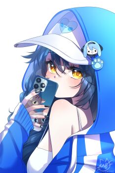 1girl absurdres artist_logo baseball_cap black_hair black_nails blue_jacket camisole cellphone charachan900 commentary covering_own_mouth fingernails from_side gangzi_(vtuber) hair_between_eyes hand_up hat highres holding holding_phone hood hood_up hooded_jacket jacket logo long_bangs long_sleeves looking_at_viewer looking_to_the_side nail_polish phone simple_background single_bare_shoulder sleeves_past_wrists smartphone solo spaghetti_strap stellive symbol-only_commentary turning_head upper_body virtual_youtuber watermark white_background white_camisole white_hat yellow_eyes