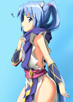 Rule 34 | 10s, 1girl, animal ears, armpits, blue eyes, blue hair, blush, bracer, china dress, chinese clothes, dog days, dress, female focus, forehead jewel, from side, hair ornament, matching hair/eyes, no bra, no panties, ponytail, ribs, sachishiro pengin, sash, scarf, seven arcs, sharu (dog days), side slit, sleeveless, solo, tab, tabard, tail