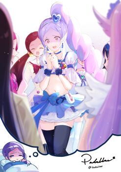 6+girls absurdres aono_miki artist_name black_thighhighs blue_choker blue_eyes blue_skirt blue_wrist_cuffs breasts brooch choker commentary_request cure_berry cure_moonlight dreaming drill_hair drill_ponytail earrings eyelashes fresh_precure! frilled_skirt frills hair_ornament hairband hanasaki_tsubomi heart heart_brooch heart_hair_ornament heartcatch_precure! high_ponytail high_side_ponytail highres jewelry kurumi_erika kurumi_momoka long_hair magical_girl medium_breasts midriff multiple_girls navel padallae ponytail precure purple_eyes purple_hair side_ponytail skirt standing thighhighs thighs tsukikage_yuri twitter_username wrist_cuffs