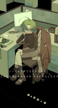 1girl absurdres ahoge belt black_belt book brown_coat brown_jacket brown_shoes chair clothing_aside coat computer computer_keyboard crossed_legs desk english_text full_body green_hair grey_pants hair_bun hand_on_own_face highres indoors jacket laptop long_sleeves looking_at_viewer monitor no_coat no_jacket office_chair original oversleep pants parted_bangs pen ribbed_sweater shoes short_hair sitting socks solo sweater swivel_chair turtleneck turtleneck_sweater