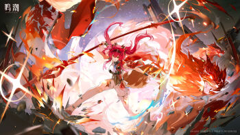1girl absurdres armor boots breastplate breasts chinese_text evil_smile glint hair_between_eyes hairband headgear highres holding holding_polearm holding_weapon large_breasts logo long_hair looking_at_viewer lupa_(wuthering_waves) metal_hairband official_art polearm red_hair smile solo spear tail thigh_boots v-shaped_eyebrows weapon white_boots wolf_tail wuthering_waves yellow_eyes