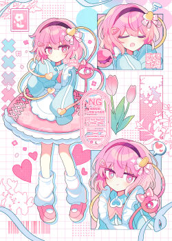 1girl absurdres annoyed apron black_hairband bright_pupils circle_skirt closed_eyes closed_mouth colored_shadow commentary drop_shadow english_text expressionless facing_viewer floating frilled_skirt frills grid_background hair_ornament hairband hairclip heart heart_hair_ornament high-waist_skirt highres jacket jersey_maid komeiji_satori leg_warmers light_smile looking_at_viewer maid maid_apron mary_janes multiple_views open_mouth pink_eyes pink_hair polka_dot postage_stamp qr_code shadow shirocha_tei shoes short_hair skirt sleeves_past_fingers sleeves_past_wrists spoken_heart third_eye touhou track_jacket twitter_username unconventional_maid v-shaped_eyebrows waist_apron watermark white_pupils