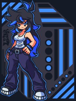 1girl baggy_pants black_hair blue_eyes breasts commentary darkniel76 english_commentary highres long_hair multicolored_hair original pants shoes sneakers solo streaked_hair