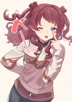 1girl akanbe blue_eyes blush brown_hair eyelid_pull gakuen_idolmaster hanami_saki idolmaster long_hair looking_at_viewer making_faces one_eye_closed pantyhose pantyhose_under_shorts pyopyo shorts solo sweater tongue tongue_out two_side_up