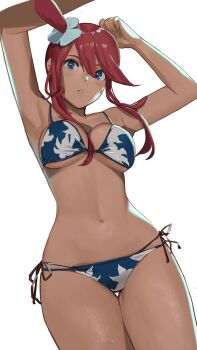 1girl armpits arms_up bikini blue_bikini blue_eyes breasts dark-skinned_female dark_skin hair_ornament highres j@ck large_breasts looking_at_viewer navel nintendo one_side_up pokemon pokemon_bw print_bikini red_hair side-tie_bikini_bottom simple_background skyla_(pokemon) solo stomach swimsuit thigh_gap white_background